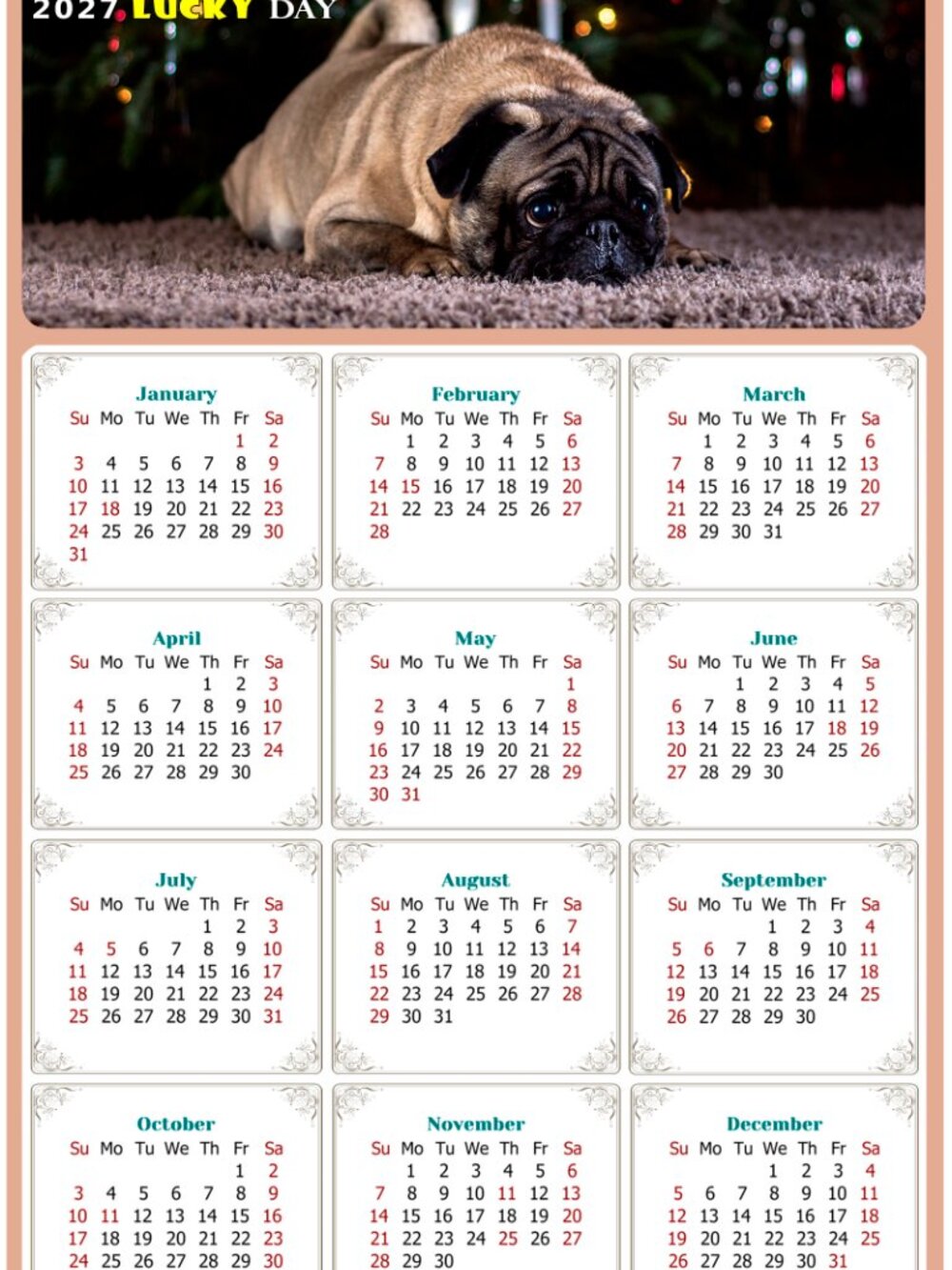 2027 Magnetic Calendar - Today is my Lucky Day - Dogs Themed 02 (7 x 10.5)